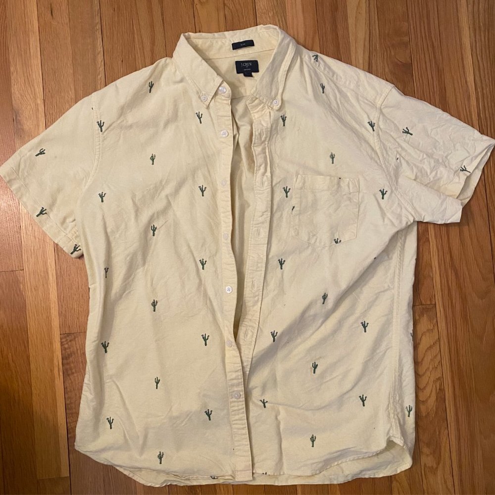 J Crew Men's Yellow Cactus Short Sleeve Button Down